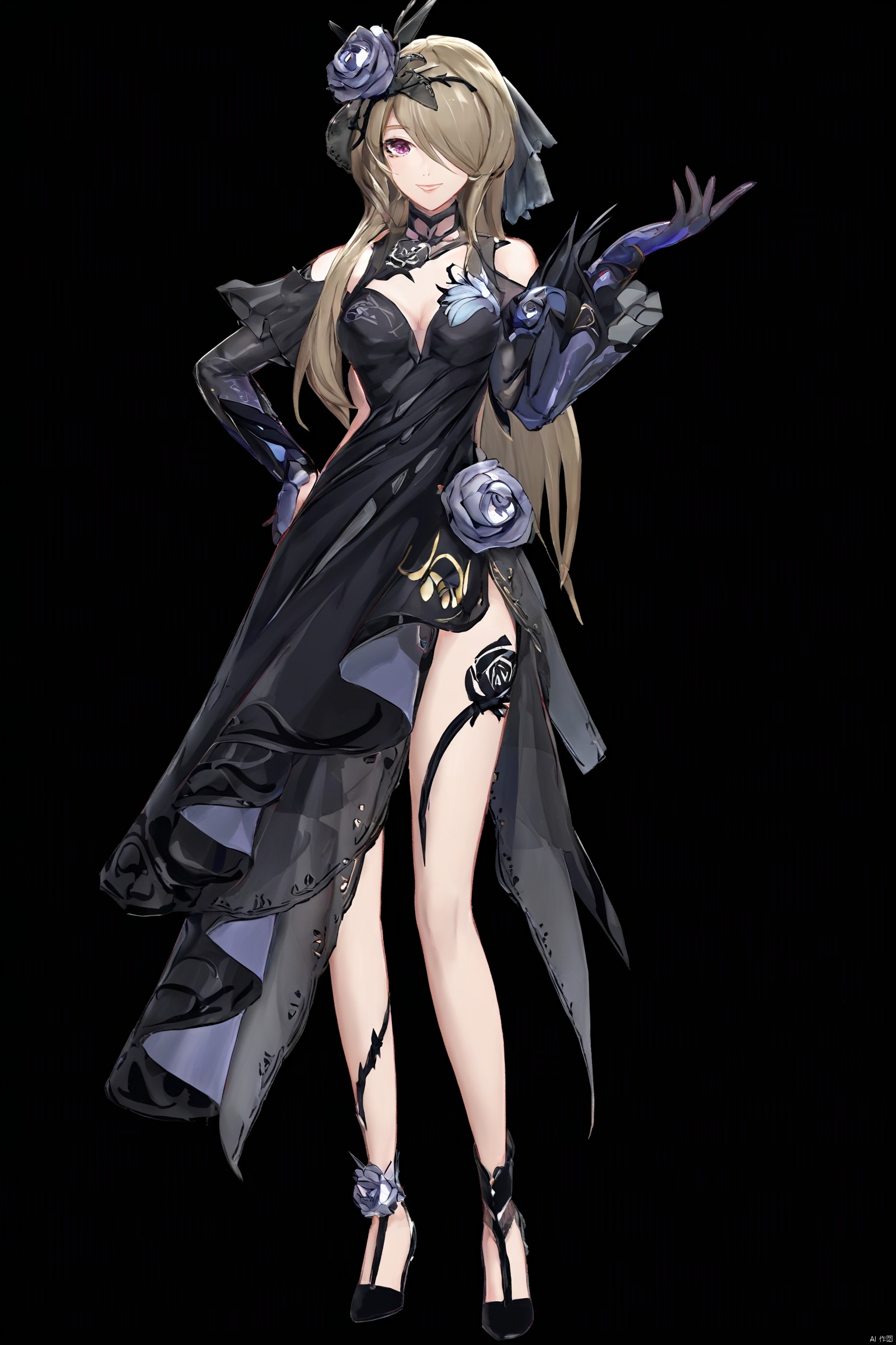  score_9,score_8_up,score_7_up,best quality,masterpiece,source_anime,8k,best quality,masterpiece,(ultra-detailed),(high detailed skin),symmetrical,(full body),white background,standing,looking at viewer,(solo),hand on hip,
,midie,1girl,rita rossweisse,hair over one eye,flower,black single glove,hair ornament,hair flower,rose,breasts,black dress,mole under eye,long brownhair,
,(white background, simple background),(beautiful_face),((intricate_detail)),clear face,((finely_detailed)),fine_fabric_emphasis,((glossy)),full_shot, hquan,purple eyes, yyy