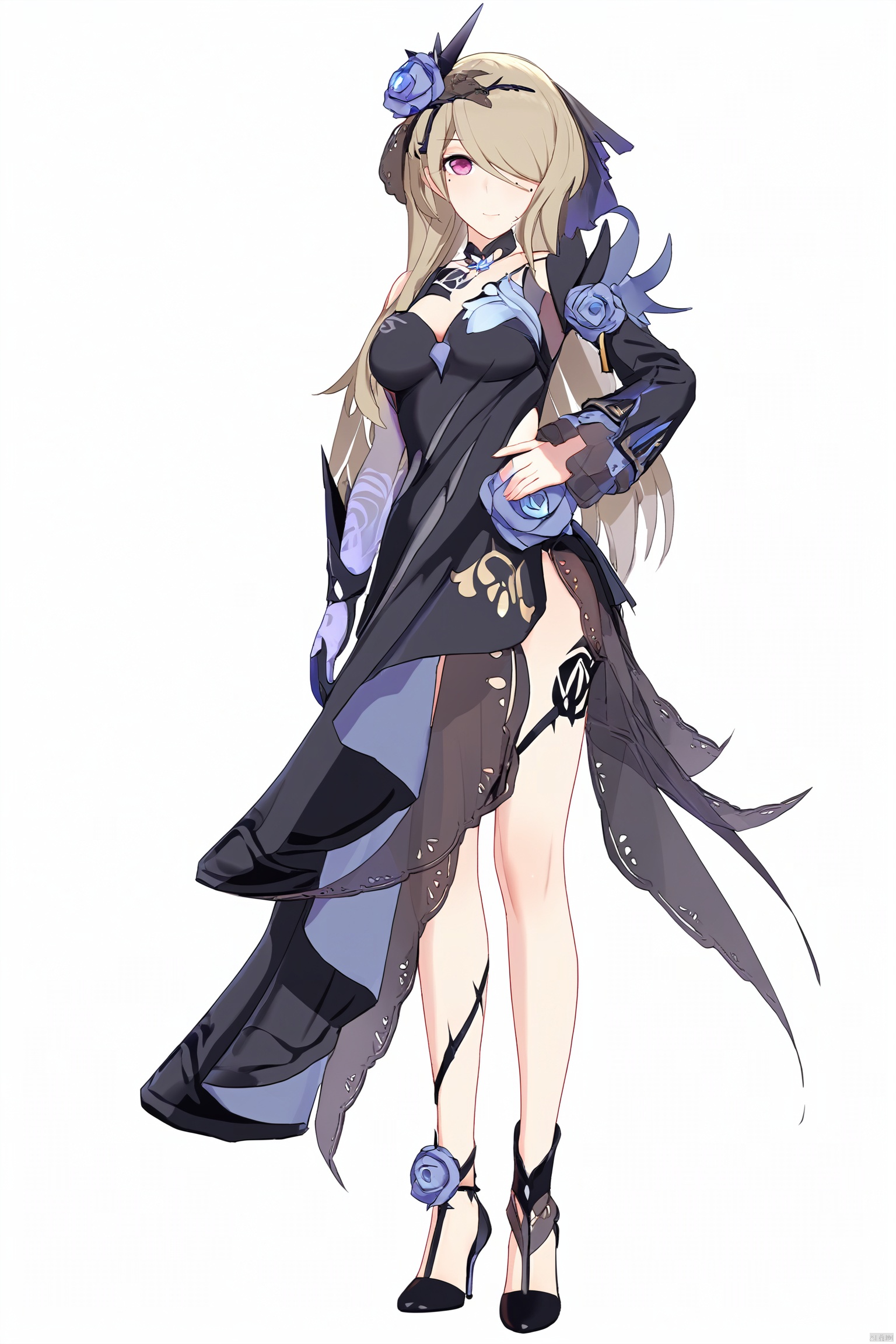  score_9,score_8_up,score_7_up,best quality,masterpiece,source_anime,8k,best quality,masterpiece,(ultra-detailed),(high detailed skin),symmetrical,(full body),white background,standing,looking at viewer,(solo),hand on hip,
,midie,1girl,rita rossweisse,hair over one eye,flower,black single glove,hair ornament,hair flower,rose,breasts,black dress,mole under eye,long brownhair,
,(white background, simple background),(beautiful_face),((intricate_detail)),clear face,((finely_detailed)),fine_fabric_emphasis,((glossy)),full_shot, hquan,purple eyes,