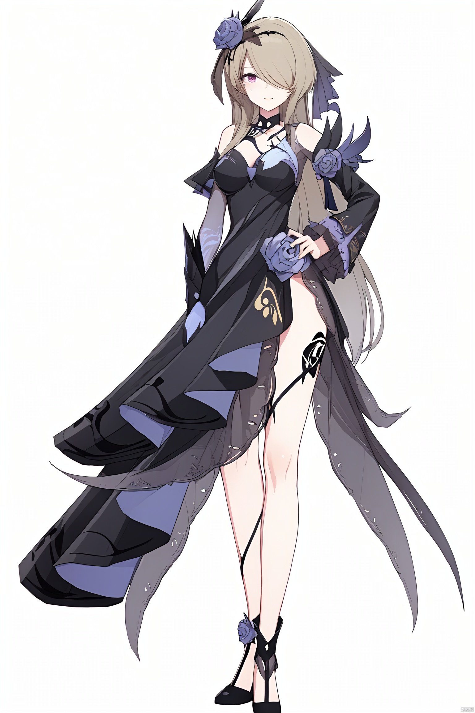  score_9,score_8_up,score_7_up,best quality,masterpiece,source_anime,8k,best quality,masterpiece,(ultra-detailed),(high detailed skin),symmetrical,(full body),white background,standing,looking at viewer,(solo),hand on hip,
,midie,1girl,rita rossweisse,hair over one eye,flower,black single glove,hair ornament,hair flower,rose,breasts,black dress,mole under eye,long brownhair,
,(white background, simple background),(beautiful_face),((intricate_detail)),clear face,((finely_detailed)),fine_fabric_emphasis,((glossy)),full_shot, hquan,purple eyes, yyy