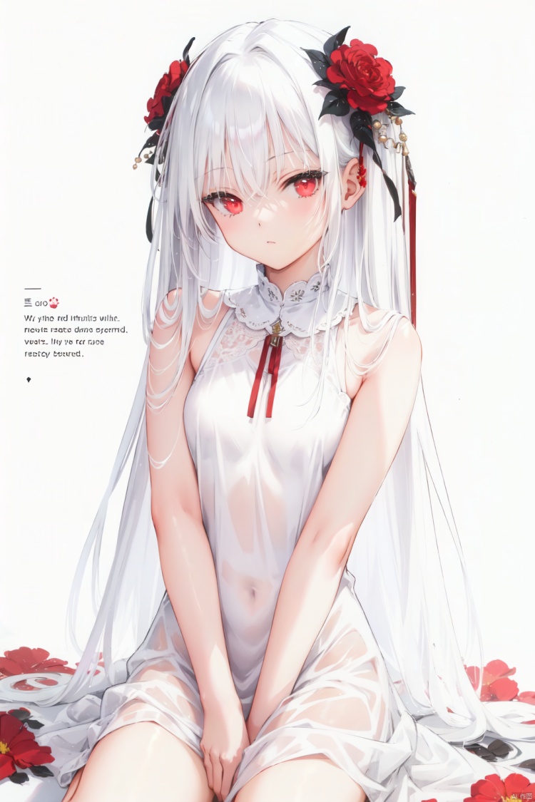 1girl, loli, red eyes, white long translucent night gown, expressionless, (white hair), hair cover one eye, long hair, red hair flower,blood, (white background:1.5), (English text),sit on the ground