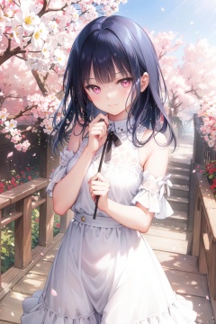 The image features a beautiful anime girl dressed in a flowing white and red dress, standing amidst a flurry of red cherry blossoms. The contrast between her white dress and the red flowers creates a striking visual effect. The lighting in the image is well-balanced, casting a warm glow on the girl and the surrounding flowers. The colors are vibrant and vivid, with the red cherry blossoms standing out against the white sky. The overall style of the image is dreamy and romantic, perfect for a piece of anime artwork. The quality of the image is excellent, with clear details and sharp focus. The girl's dress and the flowers are well-defined, and the background is evenly lit, without any harsh shadows or glare. From a technical standpoint, the image is well-composed, with the girl standing in the center of the frame, surrounded by the blossoms. The use of negative space in the background helps to draw the viewer's attention to the girl and the flowers. The cherry blossoms, often associated with transience and beauty, further reinforce this theme. The girl, lost in her thoughts, seems to be contemplating the fleeting nature of beauty and the passage of time. Overall, this is an impressive image that showcases the photographer's skill in capturing the essence of a scene, as well as their ability to create a compelling narrative through their art.catgirl,loli,white hair,pink eyes,1girl,loli,smile,blush,(1girl,loli,evil smile,blush),