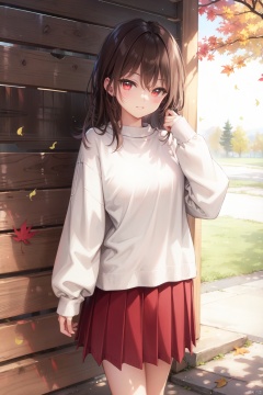 1girl, solo, long hair, looking at viewer, blush, smile, bangs, skirt, brown hair, shirt, red eyes, long sleeves, white background, hair between eyes, very long hair, standing, white shirt, pleated skirt, parted lips, puffy sleeves, hand up, sweater, sleeves past wrists, feet out of frame, red skirt, leaf, hair flaps, puffy long sleeves, white sweater, autumn leaves, maple leaf, ginkgo leaf