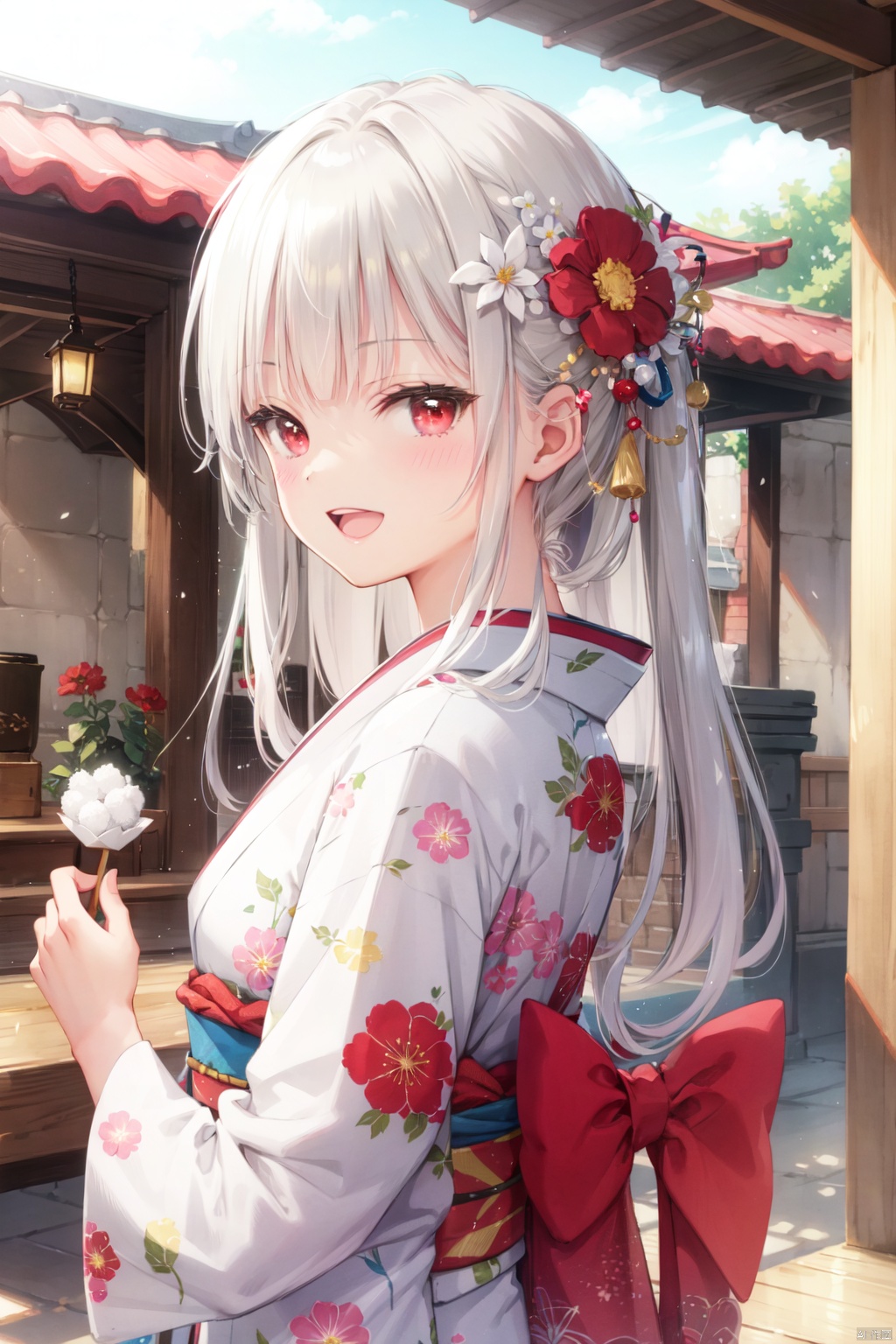 1girl,loli,solo,long hair,looking at viewer,blush,smile,open mouth,bangs,hair ornament,red eyes,long sleeves,holding,upper body,flower,white hair,:d,food,japanese clothes,hair flower,wide sleeves,blunt bangs,kimono,sash,obi,hair intakes,floral print,red flower,red kimono,print kimono,wagashi,egasumi,mochi