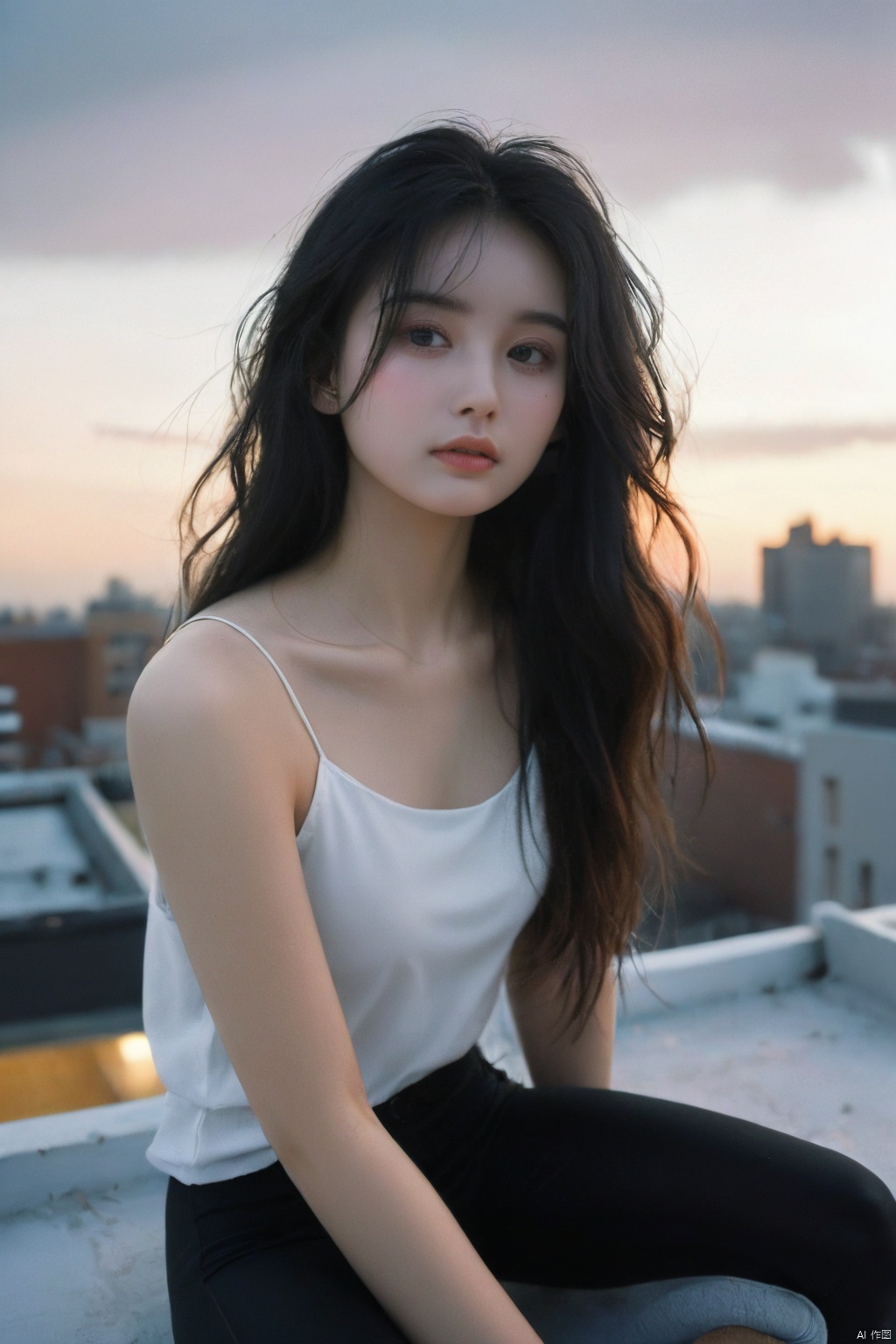  NSFW,Frontal photography,Look front,evening,dark clouds,the setting sun,On the city rooftop,A 20 year old female,Black top,Black Leggings,black hair,long hair, dark theme, muted tones, pastel colors, high contrast, (natural skin texture, A dim light, high clarity) ((sky background))((Facial highlights)),,