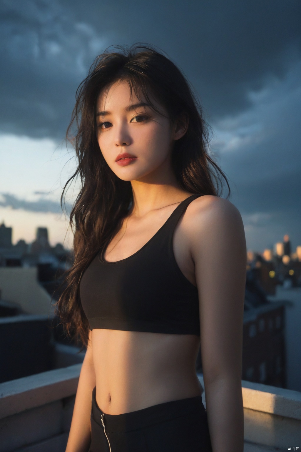  NSFW,Frontal photography,Look front,evening,dark clouds,the setting sun,On the city rooftop,A 20 year old female,Black top,Black Leggings,black hair,long hair, dark theme, muted tones, pastel colors, high contrast, (natural skin texture, A dim light, high clarity) ((sky background))((Facial highlights)),,