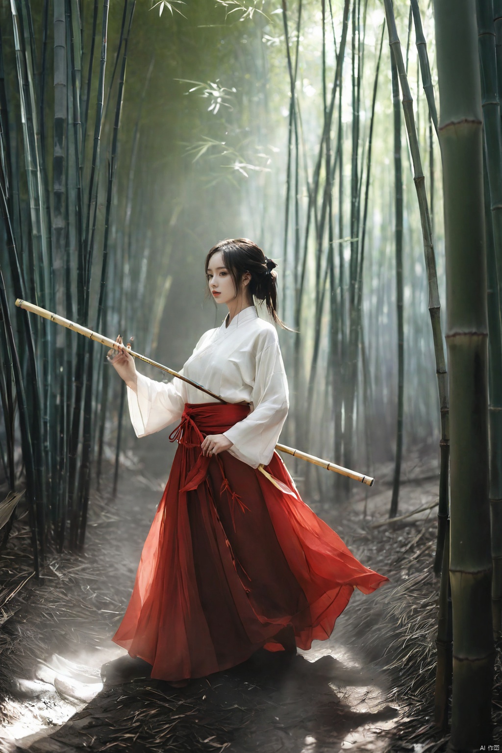 A girl, full body, from below, Chinese style, knight-errant, elegant long skirt, martial arts, Keywords ink bamboo, bamboo forest, with pieces of ink bamboo behind her, all taken, Ink scattering_Chinese style, Anime, yjmonochrome, linkedress_red dress, ((Binding)), ((BDSM)), Milk_shower,,,,((BDSM))
