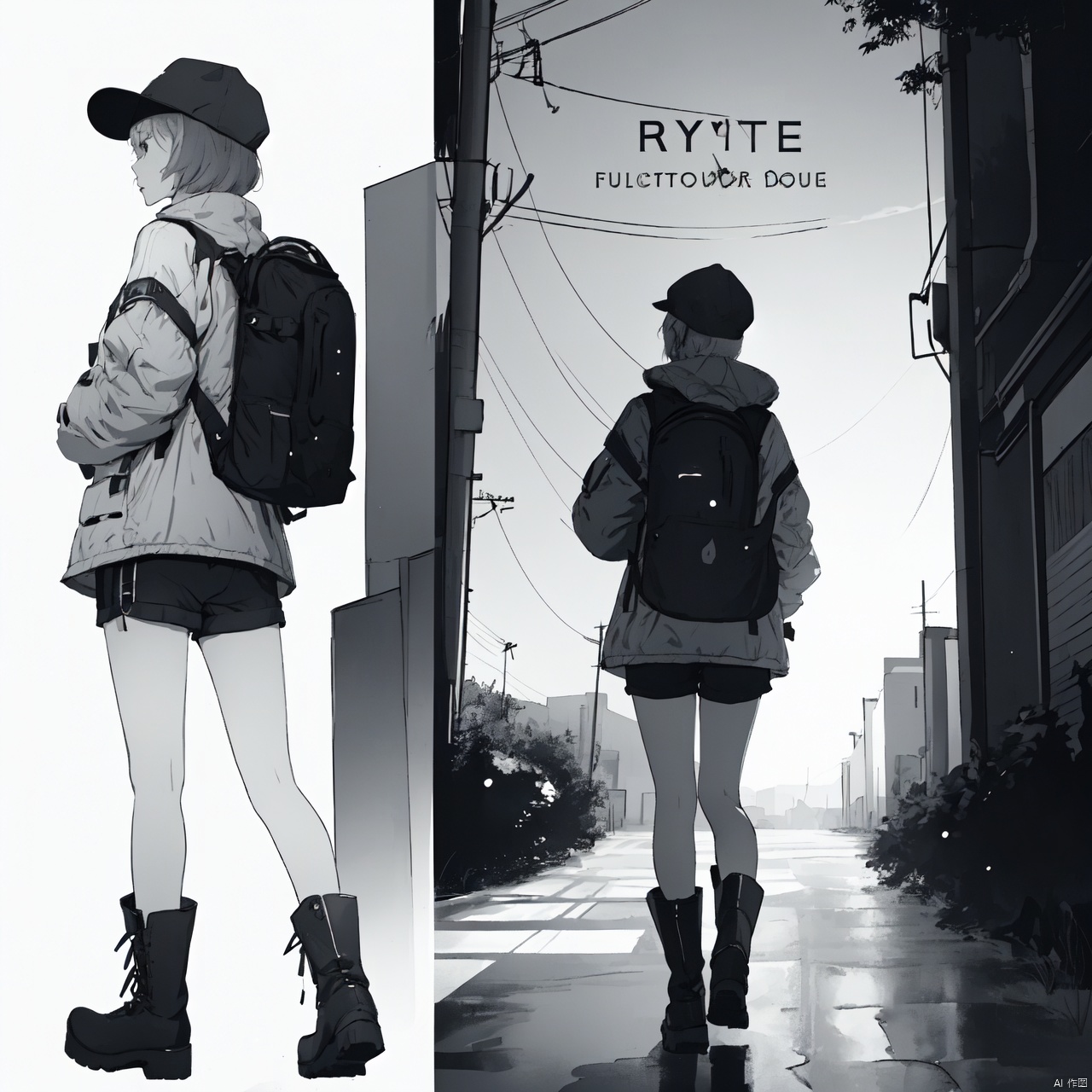  1***** girl, 
best quality, , shorts, 
full body, white background,
, looking at viewer, monochrome, 
,text focus, title parody, 
boots, character name, coat, hat, 
 cover, backpack, artist name, 
short shorts, greyscale, simple background, 
tail,
, solo, short hair,