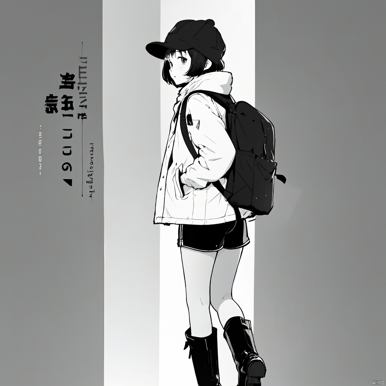  1***** girl, 
best quality, , shorts, 
full body, white background,
, looking at viewer, monochrome, 
,text focus, title parody, 
boots, character name, coat, hat, 
 cover, backpack, artist name, 
short shorts, greyscale, simple background, 
tail,
, solo, short hair,