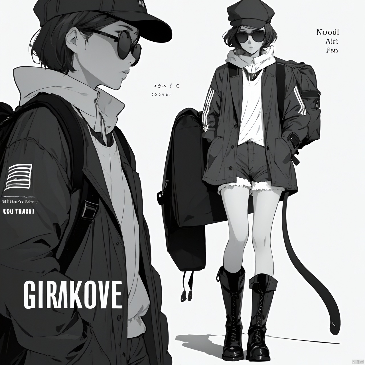  1***** girl, 
best quality, , shorts, full body, white background, , looking at viewer, monochrome, bag, english text, 
,text focus, title parody, 
boots, character name, coat, hat, 
 cover, backpack, artist name, 
short shorts, greyscale, simple background, 
tail,
, sunglasses,, solo, short hair,