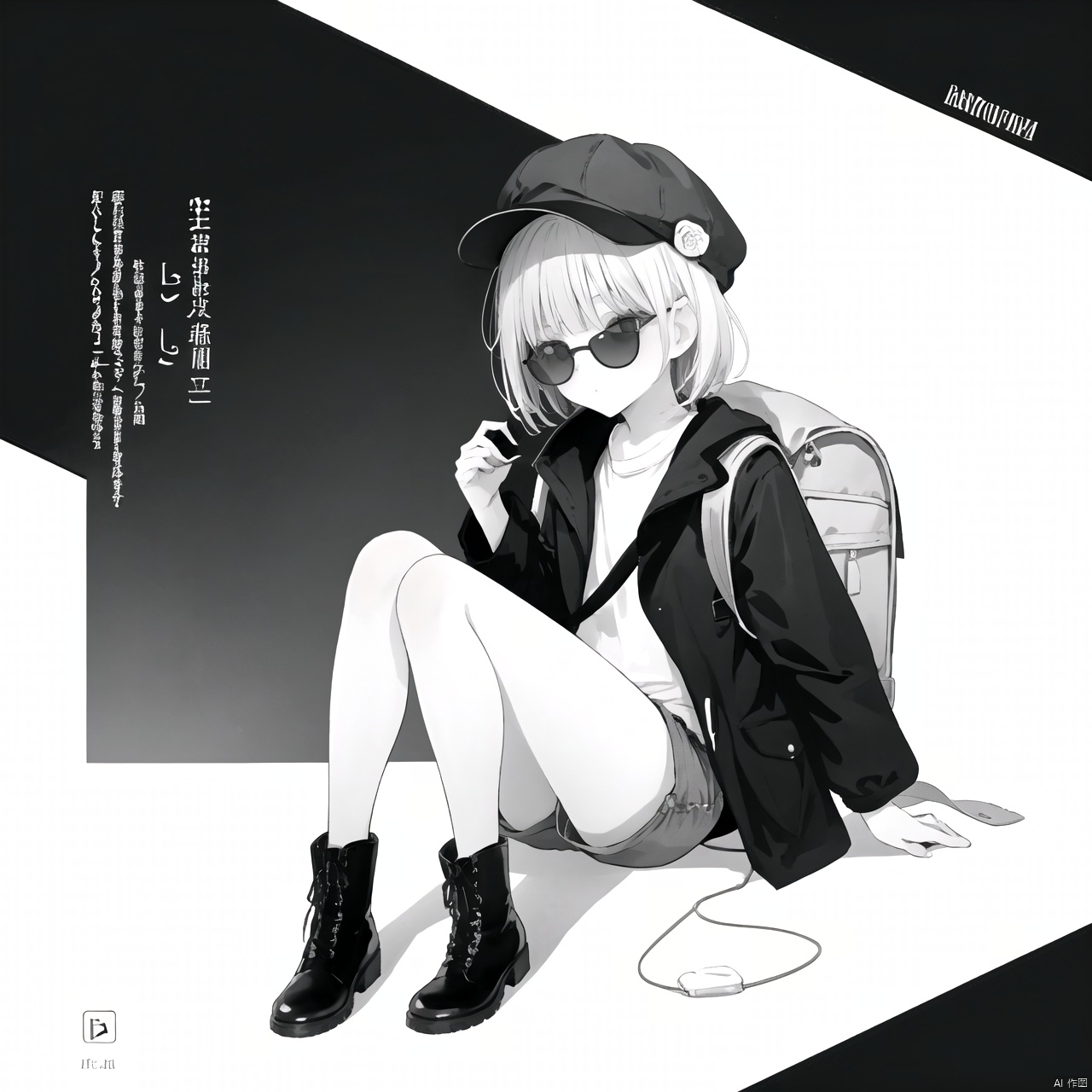  1***** girl, 
best quality, , shorts, full body, white background, , looking at viewer, monochrome, bag, english text, 
,text focus, title parody, 
boots, character name, coat, hat, 
 cover, backpack, artist name, 
short shorts, greyscale, simple background, 
tail,
, sunglasses,, solo, short hair,