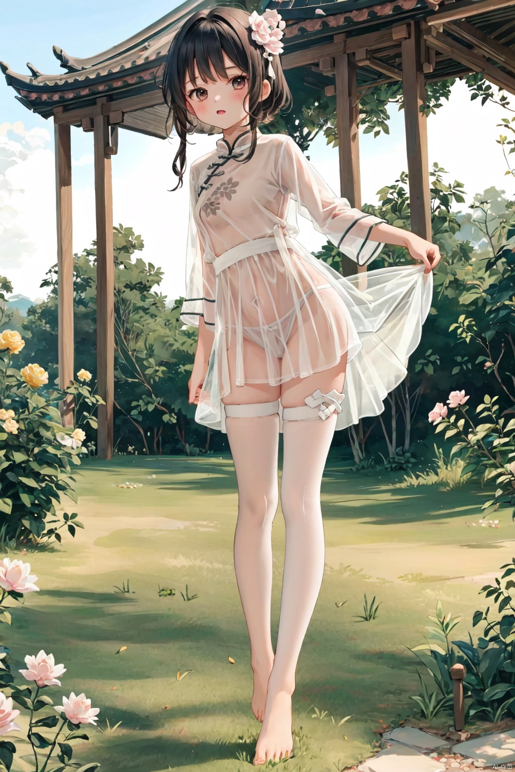  1girl, zhonghuaniang, pink dress, standing,outdoors, full body,white thighhigh, pajama