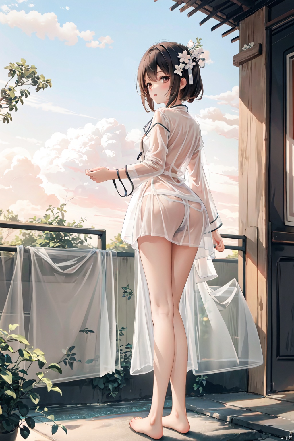 1girl, zhonghuaniang, pink dress, standing,outdoors, full body,white thighhigh, pajama