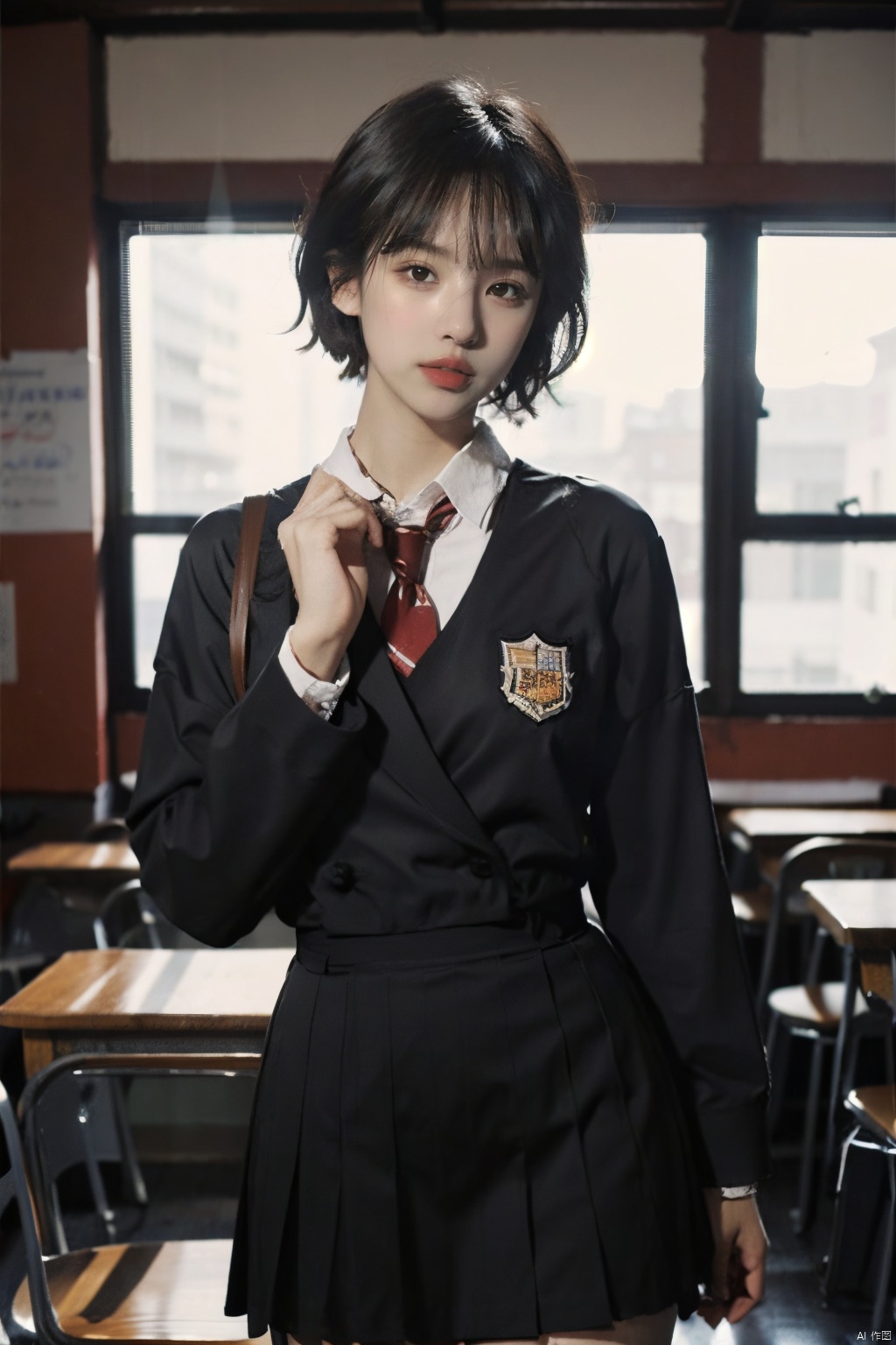  masterpiece,bestquality,realistic,8k,officialart,ultrahighres,school uniforms,1girl,short hair,cowboy shot