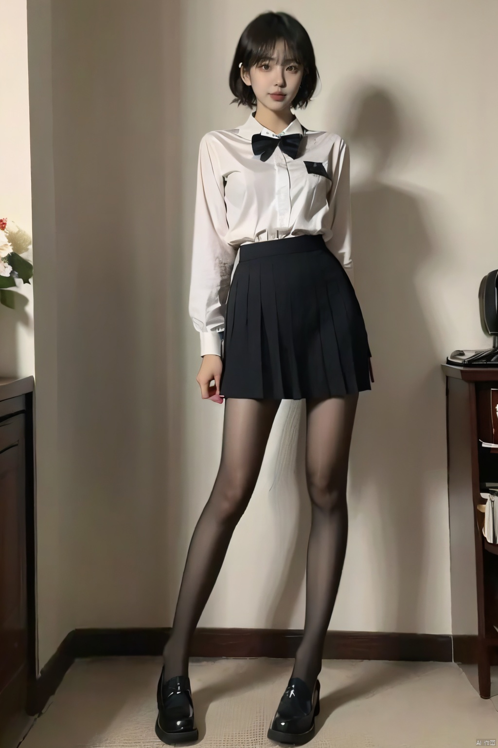  masterpiece,bestquality,realistic,8k,officialart,ultrahighres,school uniforms,1girl,short hair,cowboy shot, black pantyhose,jk,loafers ,pleated skirt,black_footwear,serafuku