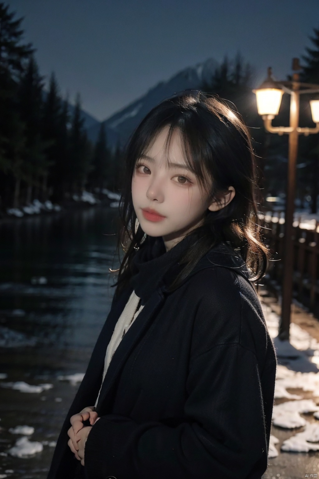  
(Not looking at the audience: 1.5),scarf,portrait of 1girl by Bill Henson,Black Cashmere coat,masterpiece,best quality,highres,2girls,flora,snowing,bokeh,low contrast,sharp and in focus,(art by Chris Friel:1.2),(night),sad,melancholy,drillhair,wind,cinematic_angle,(cinematic tone:1.2),mountaintop,cowboy shot,floating hair,rule of thirds,ice lake, 1girl