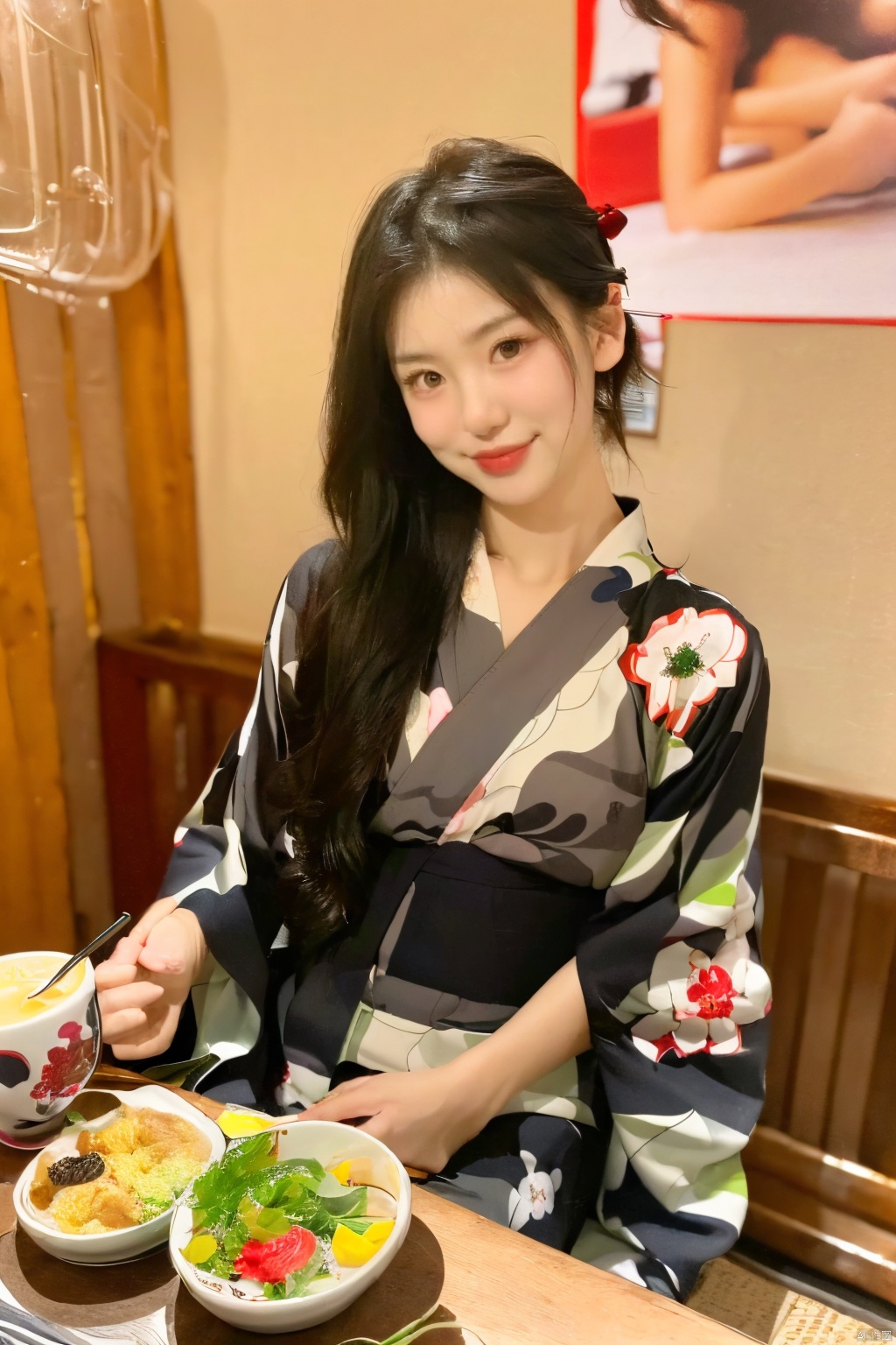  ,riliao,1girl,teenager,8K raw photo,Best quality,masterpiece,ultra high res,upper body,food and alcohol,plate,poster \(object\),table,restaurant,hair over shoulder,red lips,wooden table,sitting,looking at viewer,(yukata:1.2),hairpin, RILIAO