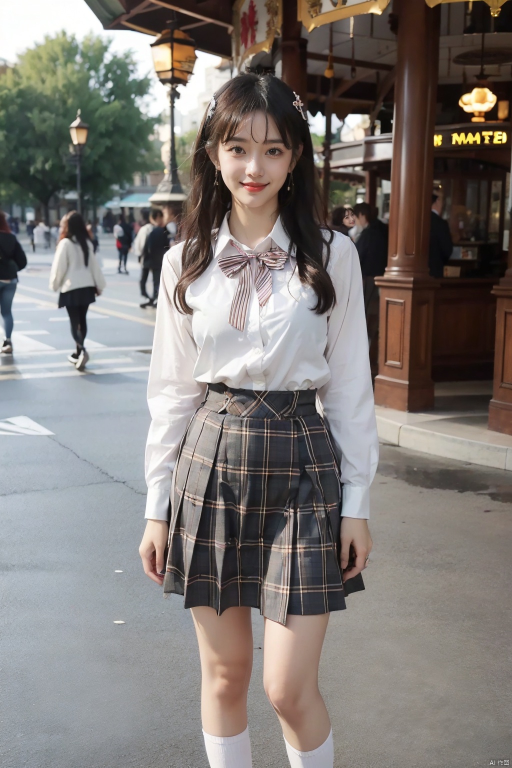  masterpiece,bestquality,realistic,8k,officialart,ultrahighres,1girls,teenager,kawaii,skinny,beautifly face,seductive smile,jk_style,jk_skirt,jk_shirt,(striped),jk_bow,outdoors,slim legs,white socks,loafers,brown shoes,perfect waist to hip ratio,fashionable accessories,skirt,black hair,school uniform,looking at viewer,brown eyes,cosplay,hair ornament,smile,plaid skirt,long hair,jewelry,realistic,lips,bracelet,shirt,brown hair,real world location,solo focus,carousel,disneyland,