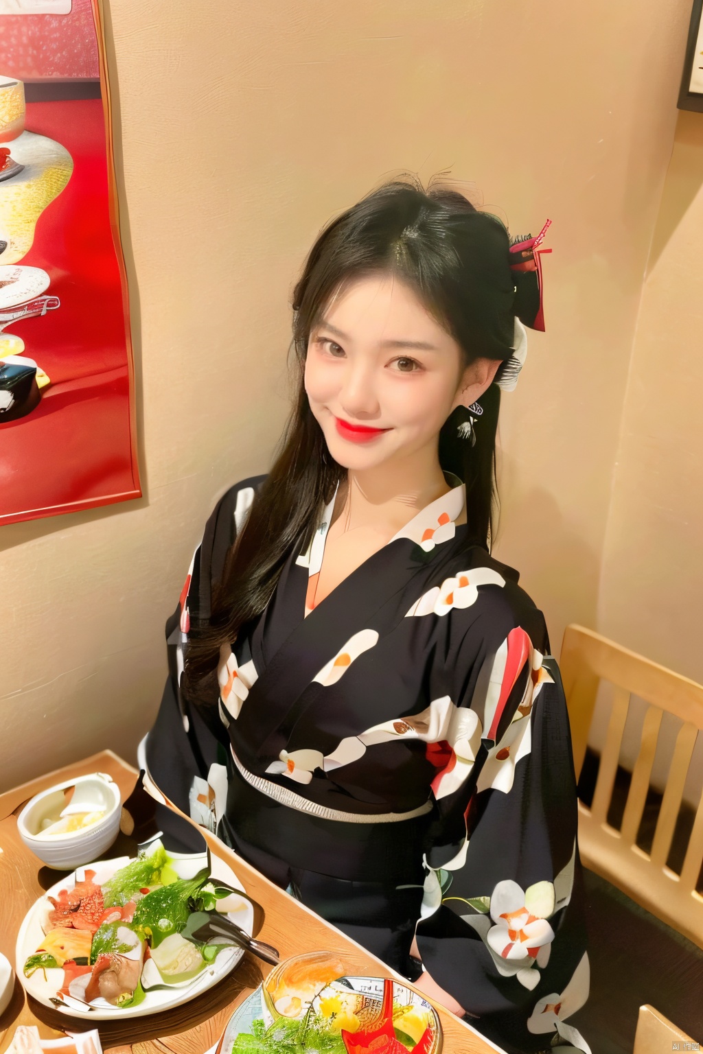  ,riliao,1girl,teenager,8K raw photo,Best quality,masterpiece,ultra high res,upper body,food and alcohol,plate,poster \(object\),table,restaurant,hair over shoulder,red lips,wooden table,sitting,looking at viewer,(yukata:1.2),hairpin, RILIAO