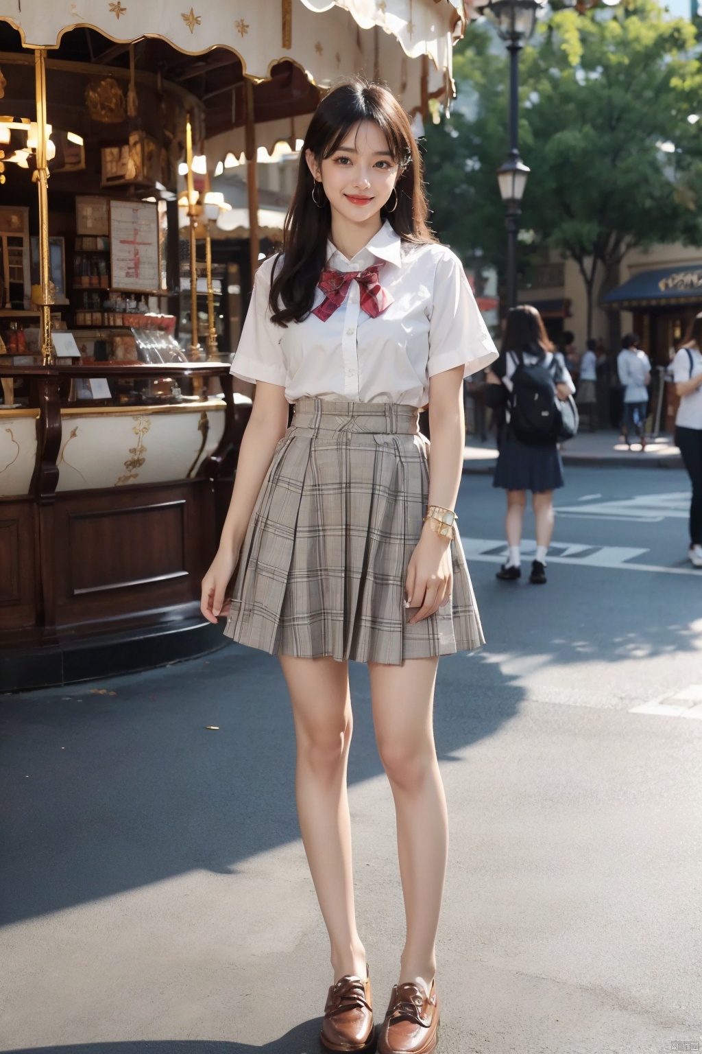  masterpiece,bestquality,realistic,8k,officialart,ultrahighres,1girls,teenager,kawaii,skinny,beautifly face,seductive smile,short sleeves,jk_style,jk_skirt,jk_shirt,(striped),jk_bow,outdoors,,slim legs,white socls,loafers,brown shoes,perfect waist to hip ratio,fashionable accessories,skirt,black hair,school uniform,bag,looking at viewer,brown eyes,cosplay,hair ornament,smile,plaid skirt,long hair,jewelry,realistic,lips,bracelet,shirt,backpack,brown hair,real world location,solo focus,carousel,disneyland,