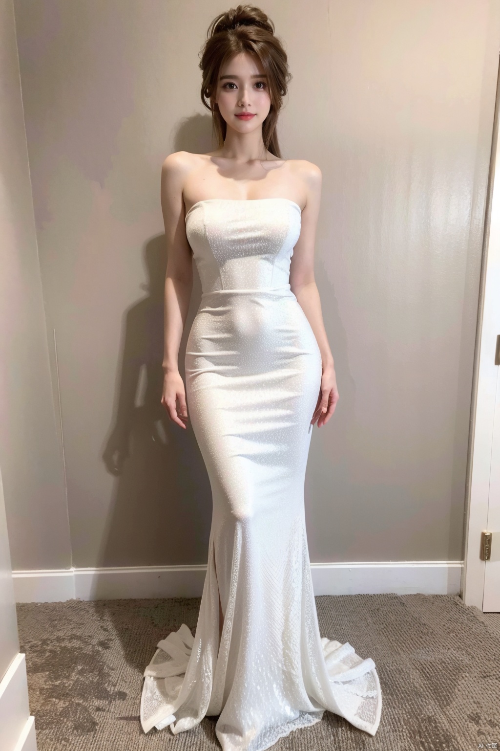 (Masterpiece, best quality), shape, super detailed, 8k, realistic, sharp focus, very detailed, professional lighting, spotlight, colorful details, detailed texture, a peerless beauty wearing a white wedding dress, (most suitable hairstyle: 1.4), (most helpful posture: 1.3), (full body photo: 1.4), large breasts, perfect style, body, 18 year old, smile, white wedding, Beauty, ((poakl))