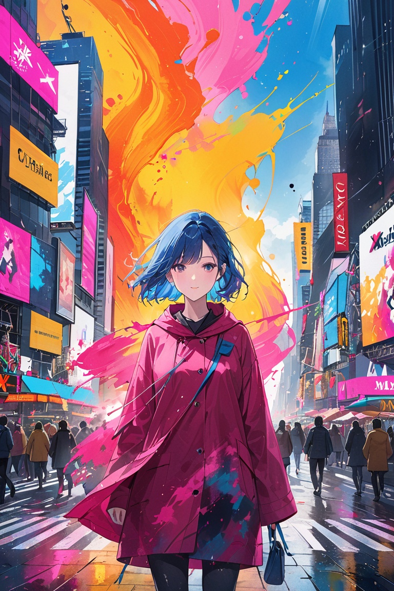 Ultra-high resolution,  cinematic lighting,  Woman wearing pink raincoat in Times Square on Tensor.Art