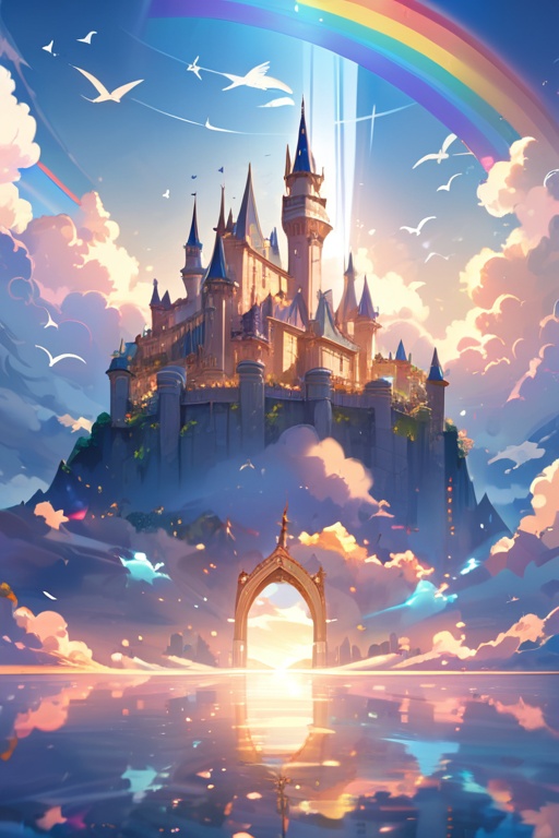 A majestic castle floating above the clouds with a clear reflection beneath,  surrounded by rainbows,  sunlight streaming...