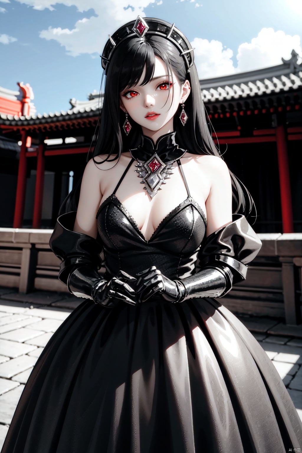 Realistic style, cinematic work, 8K wallpaper, masterpiece, very realistic quality, best quality, masterpiece, high-level, high-resolution,,,Edge lighting, dual tone lighting, soft lighting, The illuminated surface of the material has bright spots and highlights, which flicker and have a mirror effect when reflected, There are sparkling spots on the armor,,,1 girl, mature female, solo, full body, looking at viewer, lace, strong rim light, Standard proportion of female body, golden proportion of female body,,,Standing, standing posture, Sexy full body standing posture,,,,(devil, 1girl, black hair, long hair, red eyes, pale skin, heterochromia, yellow eyes, white skin, dress, bare shoulders, black dress, gothic lolita, gauntlets, gloves, lolita fashion,:1.2),,colorful,(detailed skin: 1.3), (detailed face: 1.3),clear focus,delicate,(mature women: 1.2),(glossy skin+glossy skin: 1.4),(big_eyes),red_ eyeshadow,long_ Eyelashes, red lips,,,simple background, grey background,,,(Diamond hair accessories, diamond necklaces, diamond earrings, diamond earrings, clothes embedded with diamonds, armor embedded with diamonds,:1.3), ((Outdoor, Sky, Ancient City, taihe Palace, forbidden city, ancient chinese architecture)), huangjiafangzhou1,huangjiafangzhou2,huangjiafangzhou3,huangjiafangzhou4,huangjiafangzhou5,huangjiafangzhou6,huangjiafangzhou7,huangjiafangzhou8, devil<lora:EMS-325497-EMS:0.200000>