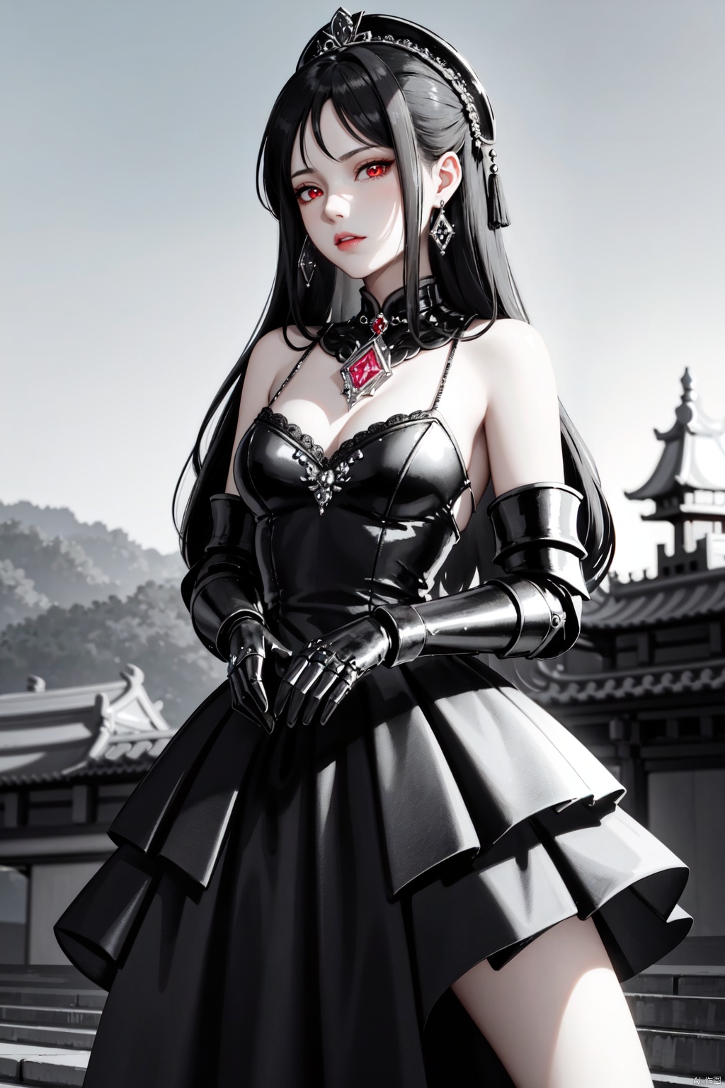 Realistic style, cinematic work, 8K wallpaper, masterpiece, very realistic quality, best quality, masterpiece, high-level, high-resolution,,,Edge lighting, dual tone lighting, soft lighting, The illuminated surface of the material has bright spots and highlights, which flicker and have a mirror effect when reflected, There are sparkling spots on the armor,,,1 girl, mature female, solo, full body, looking at viewer, lace, strong rim light, Standard proportion of female body, golden proportion of female body,,,Standing, standing posture, Sexy full body standing posture,,,,(devil, 1girl, black hair, long hair, red eyes, pale skin, heterochromia, yellow eyes, white skin, dress, bare shoulders, black dress, gothic lolita, gauntlets, gloves, lolita fashion,:1.2),,colorful,(detailed skin: 1.3), (detailed face: 1.3),clear focus,delicate,(mature women: 1.2),(glossy skin+glossy skin: 1.4),(big_eyes),red_ eyeshadow,long_ Eyelashes, red lips,,,simple background, grey background,,,(Diamond hair accessories, diamond necklaces, diamond earrings, diamond earrings, clothes embedded with diamonds, armor embedded with diamonds,:1.3), ((Outdoor, Sky, Ancient City, taihe Palace, forbidden city, ancient chinese architecture)), huangjiafangzhou1,huangjiafangzhou2,huangjiafangzhou3,huangjiafangzhou4,huangjiafangzhou5,huangjiafangzhou6,huangjiafangzhou7,huangjiafangzhou8, devil<lora:EMS-325497-EMS:0.250000>