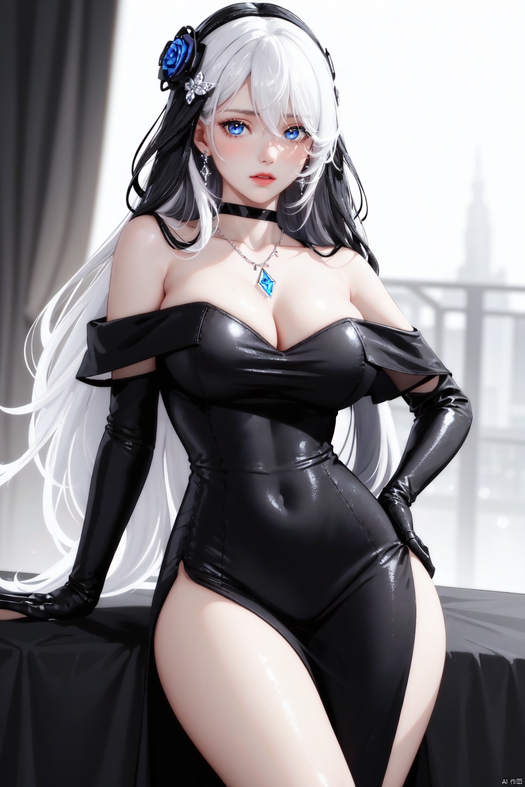 Realistic style, cinematic work, 8K wallpaper, masterpiece, very realistic quality, best quality, masterpiece, high-level, high-resolution,,,Edge lighting, dual tone lighting, soft lighting, The illuminated surface of the material has bright spots and highlights, which flicker and have a mirror effect when reflected, There are sparkling spots on the armor,,,1 girl, mature female, solo, full body, looking at viewer, lace, strong rim light, Standard proportion of female body, golden proportion of female body,,,Standing, standing posture, Sexy full body standing posture,,,,(HDN202 2, cowboy lens,1girl, long hair, white hair, hair ornament, blue eyes, hair flower, very long hair, hair between eyes, blush, white pupils, bangs, bright pupils, dress, breasts, black dress, gloves, power symbol, black heart, high heels, black gloves, cleavage, symbol-shaped pupils, medium breasts, bare shoulders, black footwear, elbow gloves, jewelry, see-through, over shoulder, necklace, black flower, covered navel, collarbone, flower, black rose, choker, off shoulder, rose, black choker, bare legs,:1.4),,colorful,(detailed skin: 1.3), (detailed face: 1.3),clear focus,delicate,(mature women: 1.2),(glossy skin+glossy skin: 1.4),(sweating: 1.1),(big_eyes),red_ eyeshadow,long_ Eyelashes, red lips,,,simple background, grey background,,,(Diamond hair accessories, diamond necklaces, diamond earrings, diamond earrings, clothes embedded with diamonds, armor embedded with diamonds,:1.3),, , dadouquan, botelan, HDN202, HDN202<lora:EMS-325503-EMS:0.130000>