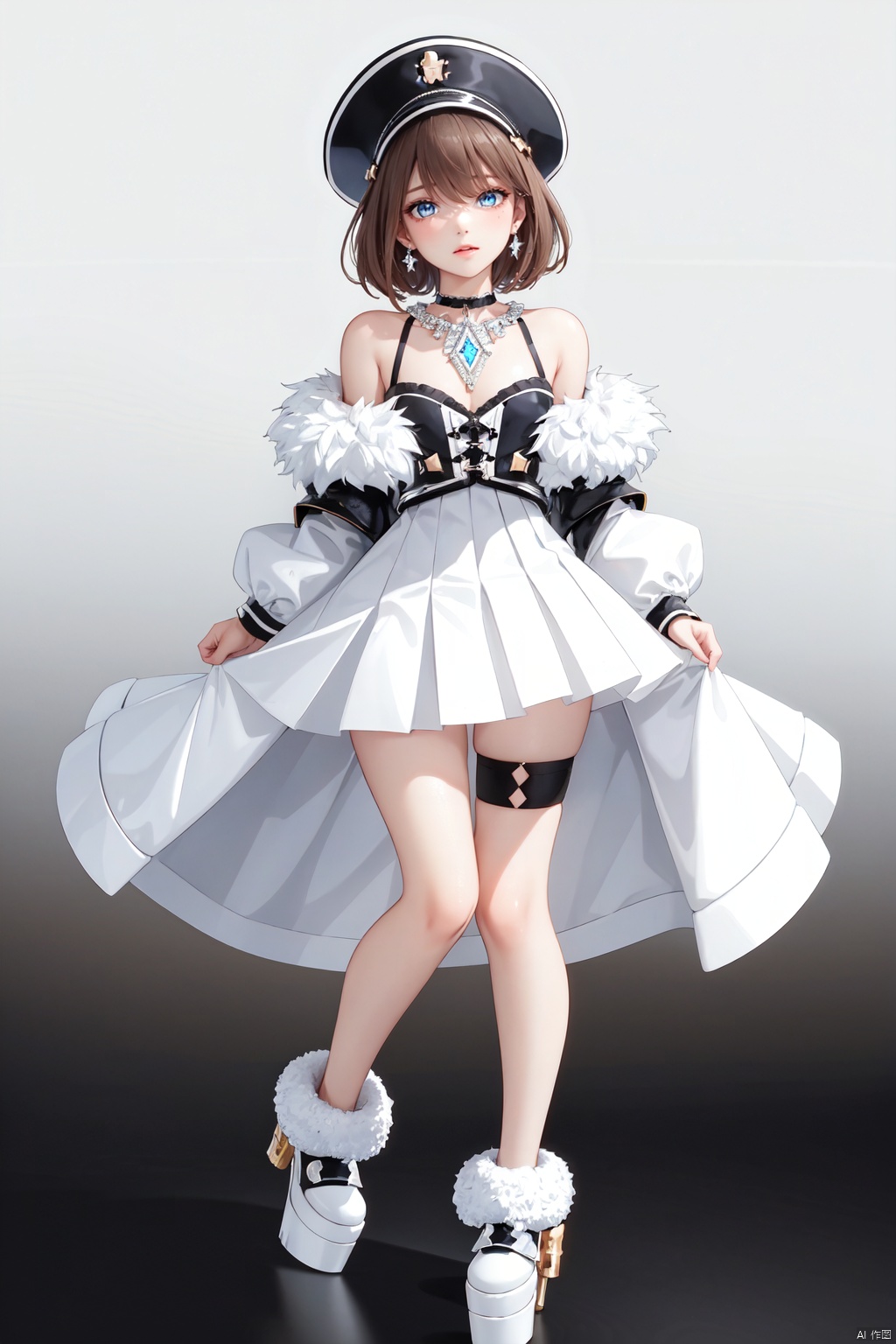 Realistic style, cinematic work, 8K wallpaper, masterpiece, very realistic quality, best quality, masterpiece, high-level, high-resolution,,,Edge lighting, dual tone lighting, soft lighting, The illuminated surface of the material has bright spots and highlights, which flicker and have a mirror effect when reflected, There are sparkling spots on the armor,,,1 girl, mature female, solo, full body, looking at viewer, lace, strong rim light, Standard proportion of female body, golden proportion of female body,,,Standing, standing posture, Sexy full body standing posture,,,,(HDN301, 1girl, blue eyes, hair between eyes, short hair, brown hair, white headwear, bangs, blush,bare shoulders, dress, long sleeves, fur trim, hat, shoes, white dress, bare legs, short dress, spaghetti strap, ribbon, wide sleeves, off shoulder, open clothes, ankle ribbon, jacket, frilled hat, frills, cross-laced clothes, leg ribbon, buttons, small breasts, dot nose, open jacket, breasts, sleeve cuffs, sleeves past wrists, white ribbon, tareme, pleated dress, coat, pom pom, platform footwear, white jacket, blue ribbon,:1.2),,bare shoulders, off shoulder, black hairband, bikini bottom only, short dress, swimsuit, pleated dress, bikini, floating hair, blush, ass visible through thighs, skirt,White high-heeled shoes,:1.2),,,colorful,(detailed skin: 1.3), (detailed face: 1.3),clear focus,delicate,(mature women: 1.2),(glossy skin+glossy skin: 1.4),(sweating: 1.1),(big_eyes),red_ eyeshadow,long_ Eyelashes, red lips,,,simple background, grey background,,,(Diamond hair accessories, diamond necklaces, diamond earrings, diamond earrings, clothes embedded with diamonds, armor embedded with diamonds,:1.3)<lora:EMS-325509-EMS:0.300000>