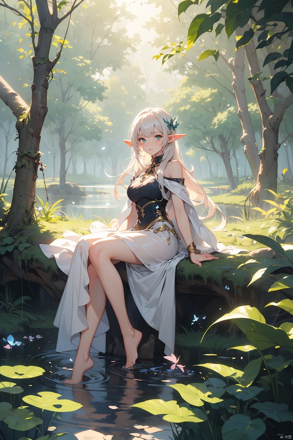 Best quality,(((masterpiece))),(((bestquality))),((ultra-detailed)),(illustration),((anextremelydelicateandbeautiful)),dynamicangle,floating,(beautifuldetailedeyes),(detailedlight)1girl,pointyears,longhair,water,solo,elf,sitting,halfbody,whitehair,chain,greeneyes,toelesslegwear,barefoot,jewelry,lookingatviewer,feather,leaves,nature,(sunlight),river,(forest),(painting),(sketch),(bloom),(portrait:1.2),(butterflys:1.2),(tyndalleffect),obscure,