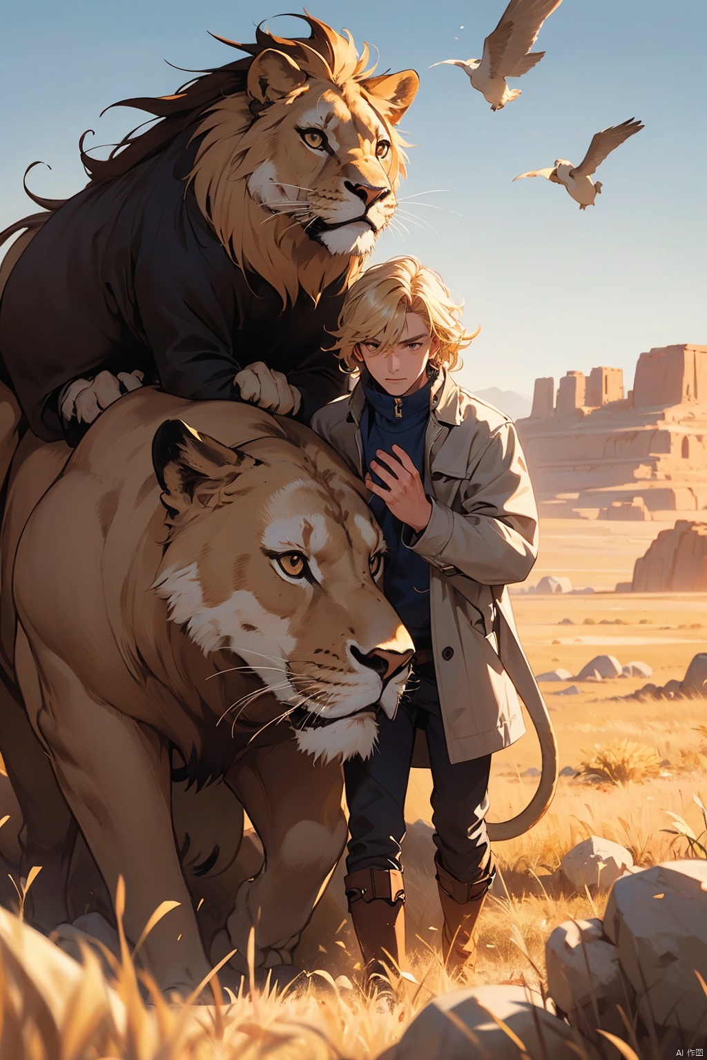 A man with golden hair sat on the shoulders of a huge lion, in a blue trench coat and brown boots, the terrain of the desert Gobi, with a lot of rocks and dead grass in the foreground, and the wind blowing their hair