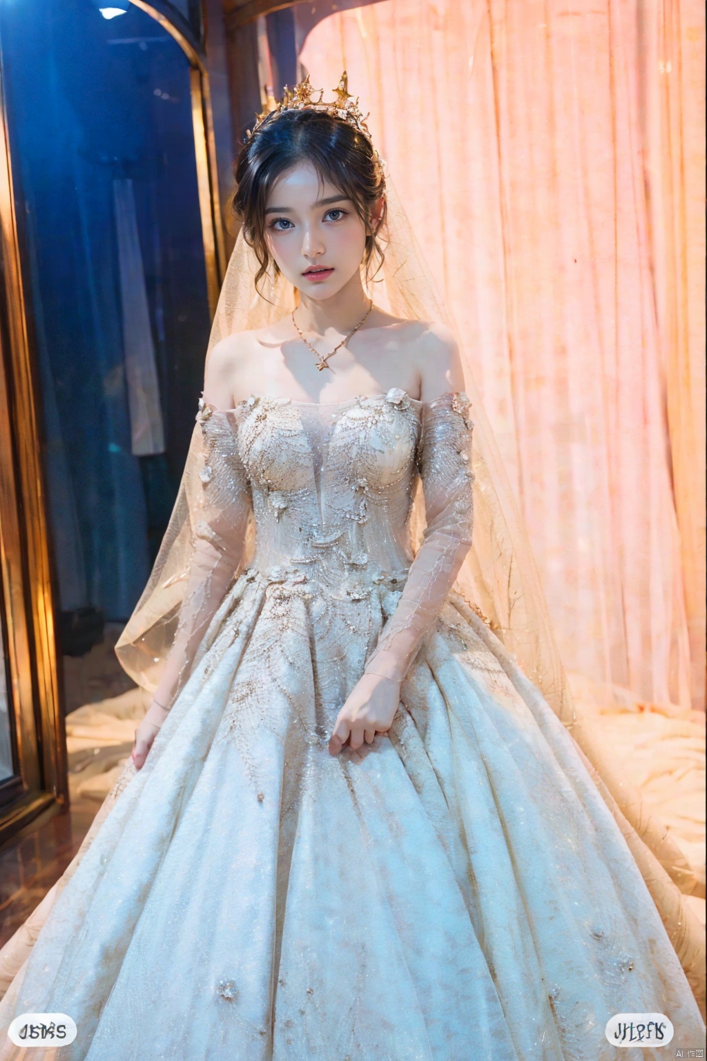  Ultra-clear 8k, real, night, smile, crown, necklace, perspective, hanger, wedding studio, nudity, diamonds, lots of dresses around, jy, bridal veil, Golden wedding dress, 1 girl, Asian girl