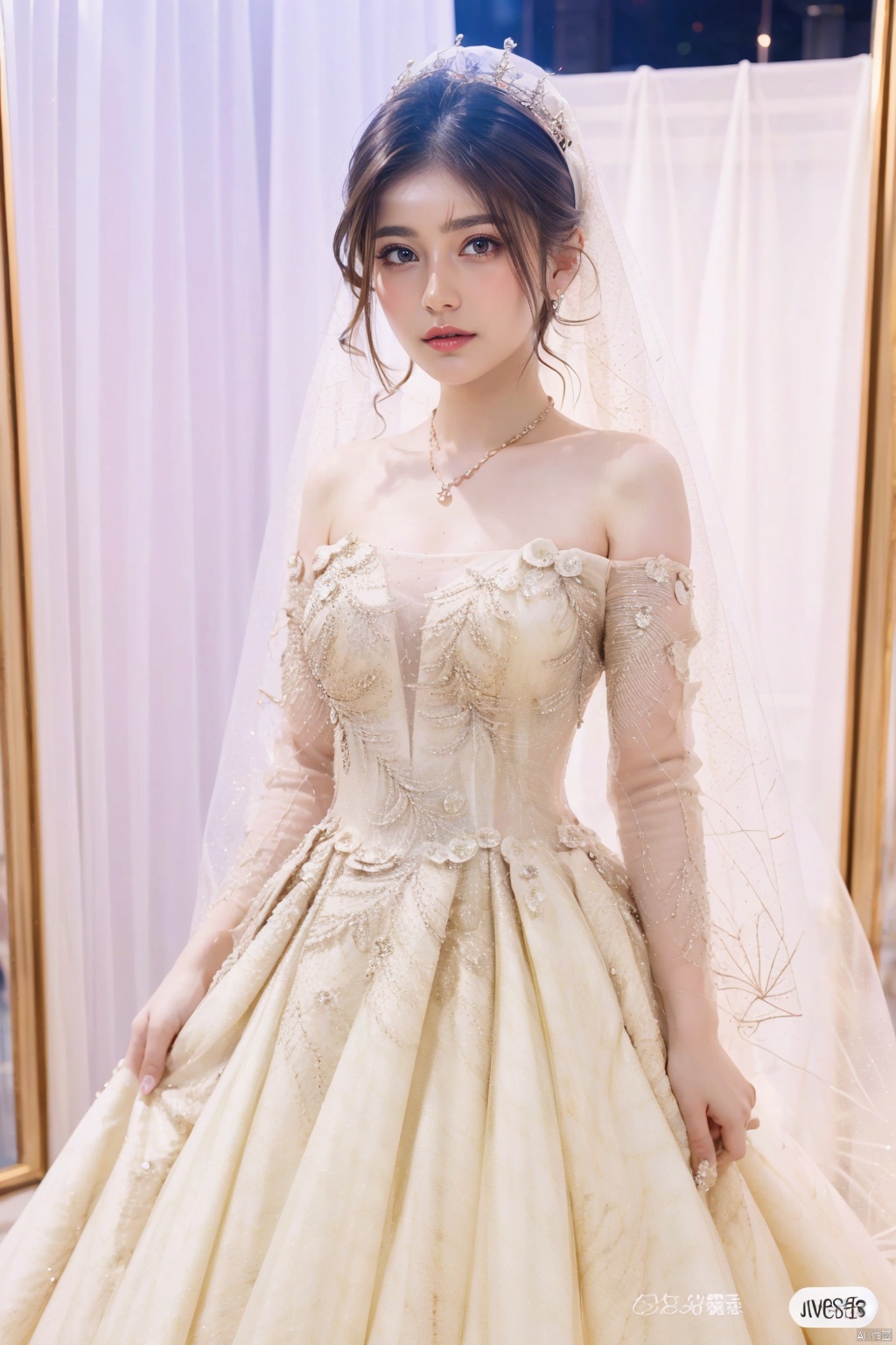  Ultra-clear 8k, real, night, smile, crown, necklace, perspective, hanger, wedding studio, nudity, diamonds, lots of dresses around, jy, bridal_veil, wedding dress, 1 girl, Asian girl