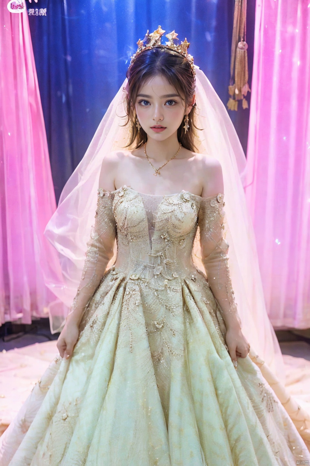  Ultra-clear 8k, real, night, smile, crown, necklace, perspective, hanger, wedding studio, nudity, diamonds, lots of dresses around, jy, bridal veil, Golden wedding dress, 1 girl, Asian girl