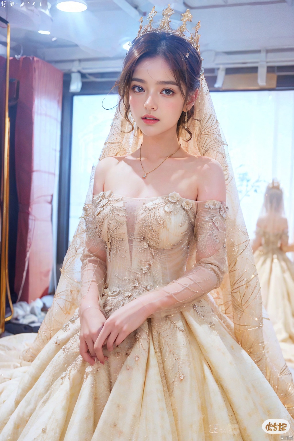  Ultra-clear 8k, real, night, smile, crown, necklace, perspective, hanger, wedding studio, nudity, diamonds, lots of dresses around, jy, bridal veil, Golden wedding dress, 1 girl, Asian girl, wedding dress
