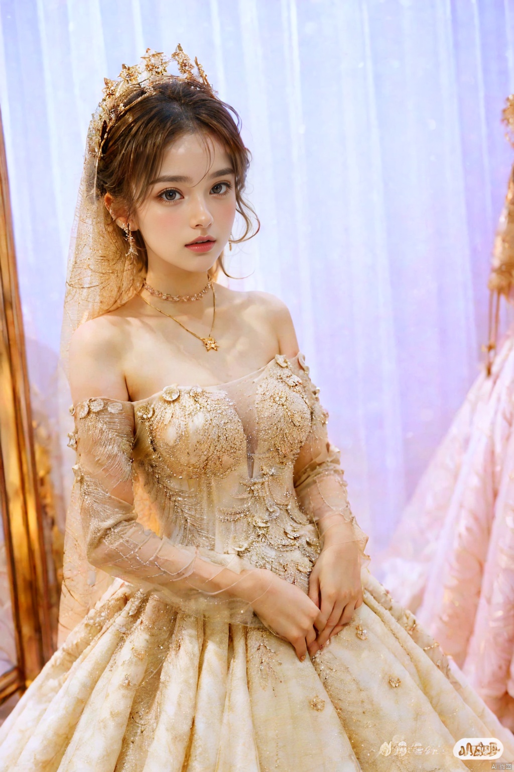  Ultra-clear 8k, real, night, smile, crown, necklace, perspective, hanger, wedding studio, nudity, diamonds, lots of dresses around, jy, bridal veil, Golden wedding dress, 1 girl, Asian girl, wedding dress