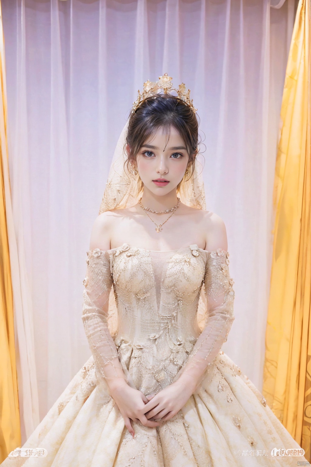  Ultra-clear 8k, real, night, smile, crown, necklace, perspective, hanger, wedding studio, nudity, diamonds, lots of dresses around, jy, bridal veil, Golden wedding dress, 1 girl, Asian girl