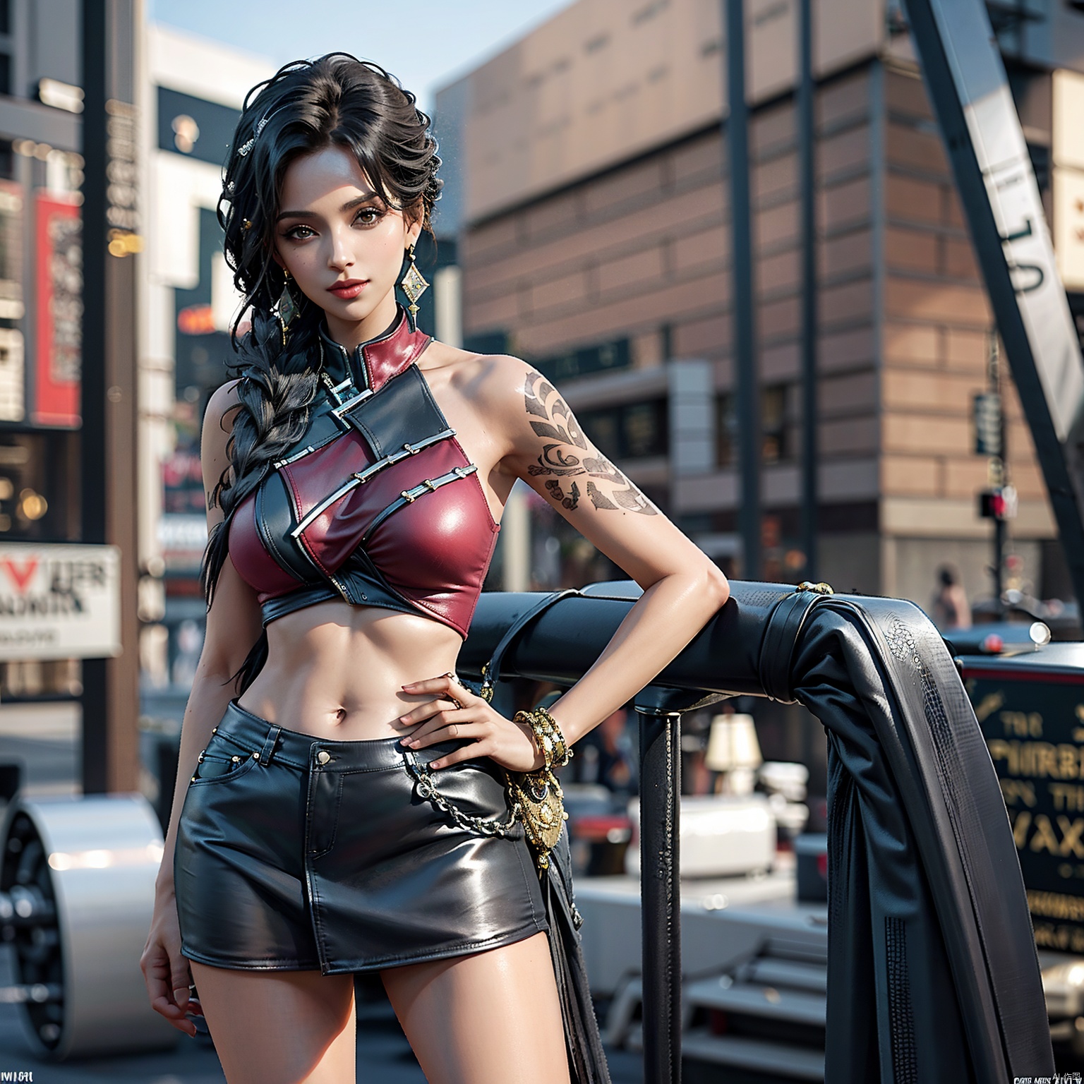  Girl, single, long hair, chest, looking at the audience, skirt, shirt, dark hair, navel, Handheld, bare shoulders, brown eyes, Jewelry, smile, mole, standing, Braid, cowboy shot, Earrings, outdoor, sleeveless, day, navel, mini skirt, bracelet, lips, crop top, Tattoo, shoulder hair, arm tattoo, Urban street background, hands on hip,shamila, MIR,