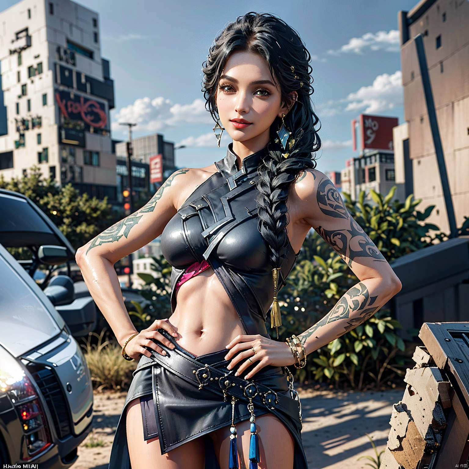  Girl, single, long hair, chest, looking at the audience, skirt, shirt, dark hair, navel, Handheld, bare shoulders, brown eyes, Jewelry, smile, mole, standing, Braid, cowboy shot, Earrings, outdoor, sleeveless, day, navel, mini skirt, bracelet, lips, crop top, Tattoo, shoulder hair, arm tattoo, game background, hand on hip,shamila, MIR