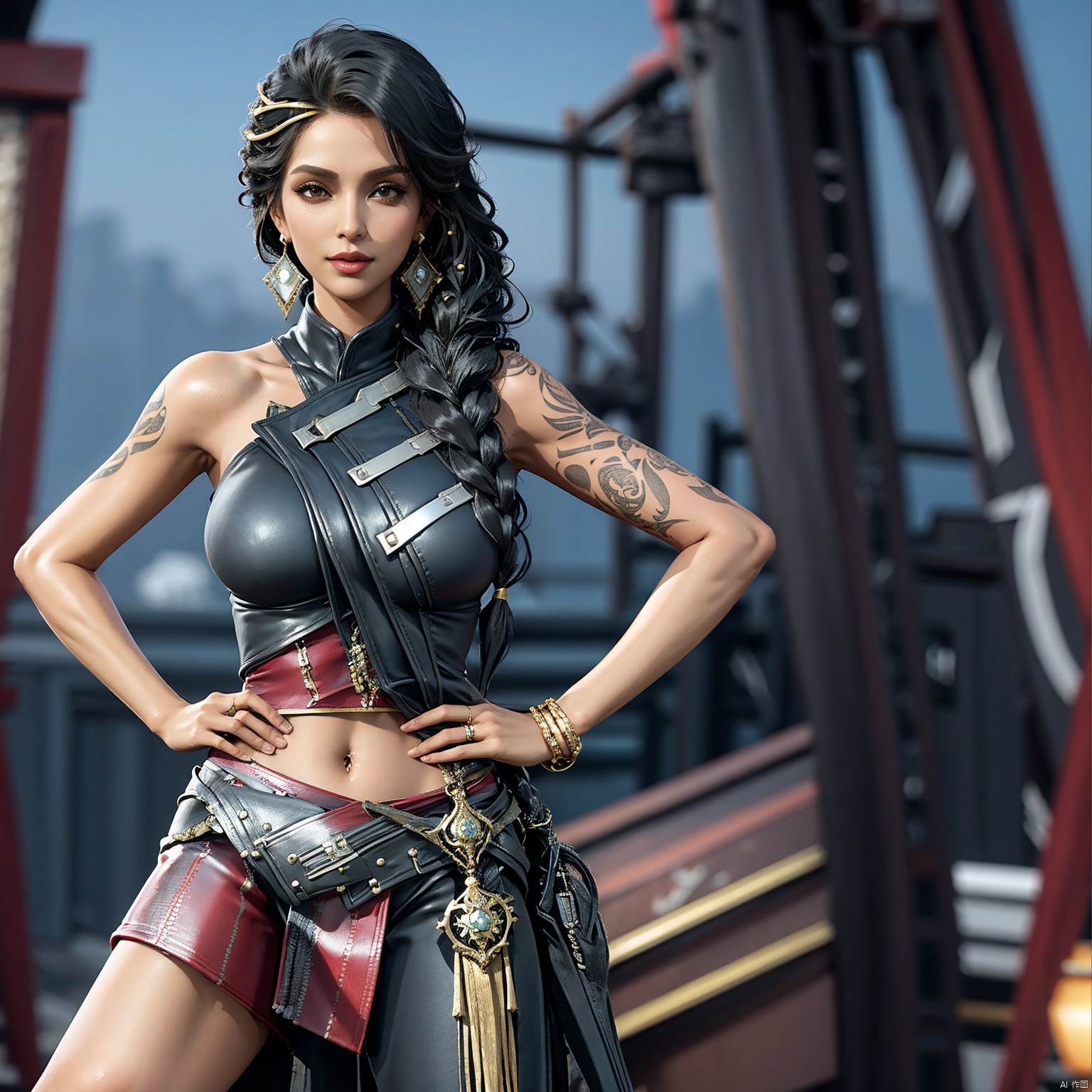 Girl, single, long hair, chest, looking at the audience, skirt, shirt, dark hair, navel, Handheld, Bare shoulders, brown eyes, Jewelry, Smile, Standing, Braid, cowboy shot, Earrings, Outdoor, sleeveless, Day, navel, mini skirt, bracelet, lips, crop top, Tattoo, shoulder hair, arm Tattoo, game background, hands on hips,shamila,