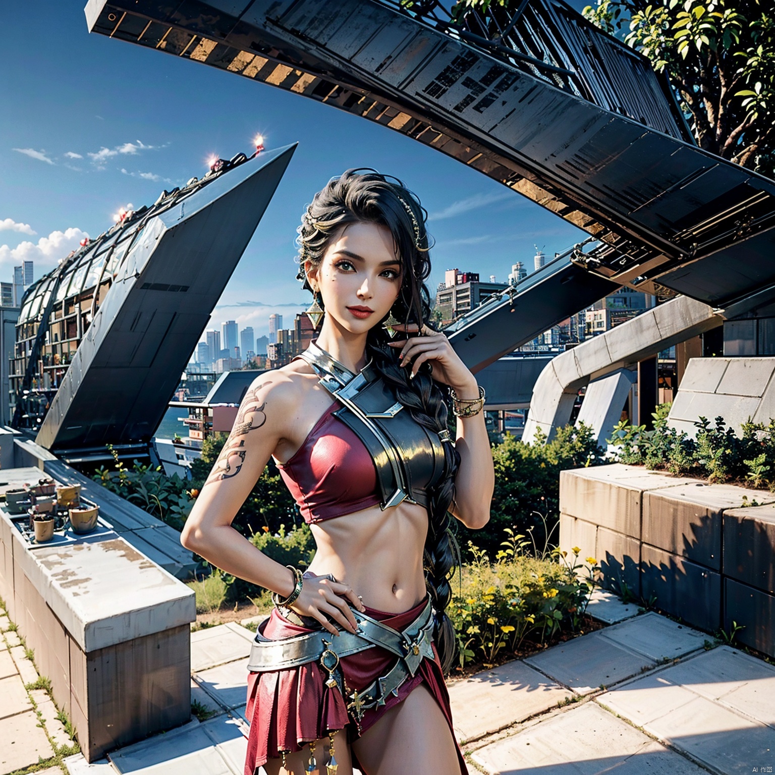  Girl, single, long hair, chest, looking at the audience, skirt, shirt, dark hair, navel, Handheld, bare shoulders, brown eyes, Jewelry, smile, mole, standing, Braid, cowboy shot, Earrings, outdoor, sleeveless, day, navel, mini skirt, bracelet, lips, crop top, Tattoo, shoulder hair, arm tattoo, MIR, ArchModern,Commercial, Museum, Outdoor,OfficeBuilding,Landscape,Sports Center,Arc landscape,Trestle,Super high-rise, hand on hip,shamila, MIR