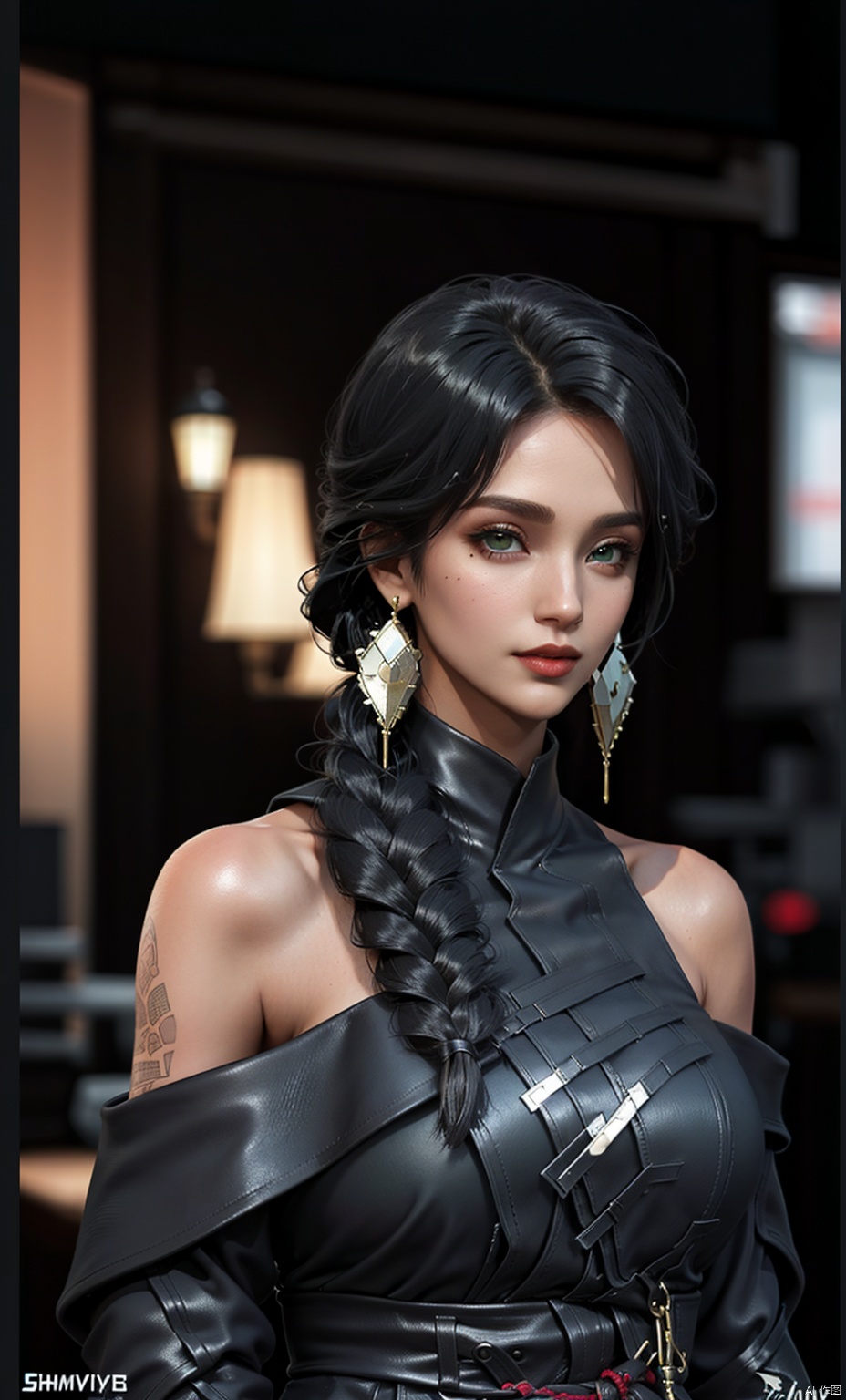  Girl, solo, Long hair, looking at the audience, black hair, hair accessories, Off-the-shoulder, jewelry, Shut up, green eyes, upper body, braid, earrings, mole, lips, single braid, eye mask, Standing posture, hair down on shoulders, Reality, (full_body:1.8), shallow smile, shamila, 1girl,moyou