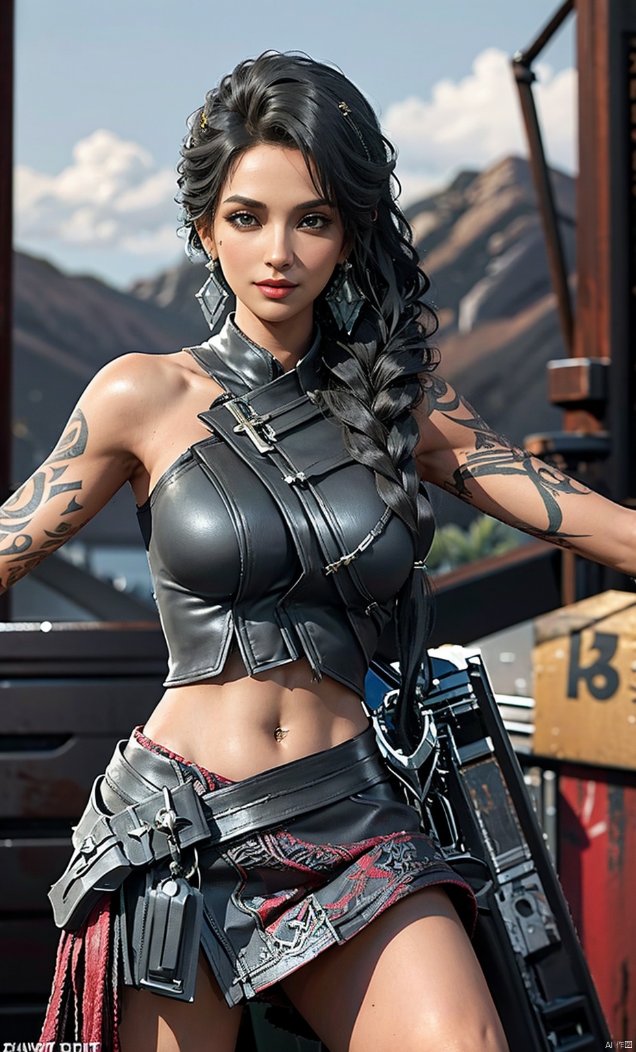 Girl, single, long hair, chest, looking at the audience, skirt, shirt, dark hair, belly button, Hand held, Bare shoulders, brown eyes, Jewelry, Smile, Standing, Braid, cowboy shot, Earrings, Outdoor, Sleeveless, Day, Belly button, Mini skirt, bracelet, lips, crop Top, Tattoo, Shoulder hair, Arm Tattoo, Game Battlefield Background,shamila