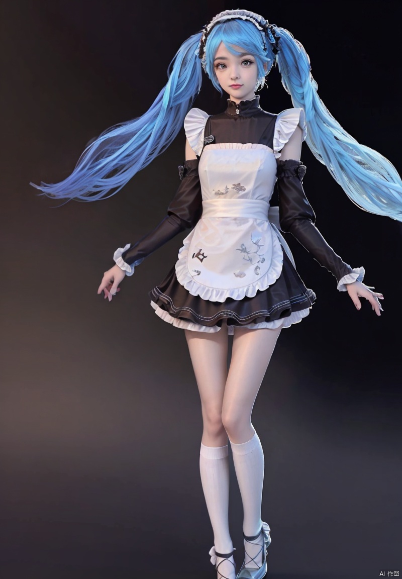 1girl, solo, long hair, blue eyes, simple background, twintails, very long hair, blue hair, detached sleeves, socks, kneehighs, black background, hatsune miku,Maid attire,Maid hair accessories,