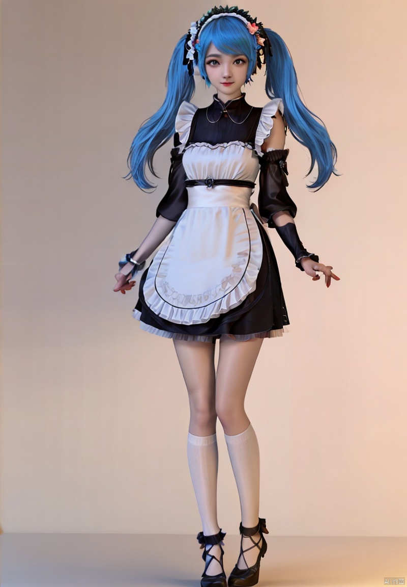 1girl, solo, long hair, blue eyes, simple background, twintails, very long hair, blue hair, detached sleeves, socks, kneehighs, black background, hatsune miku,Maid attire,Maid hair accessories,