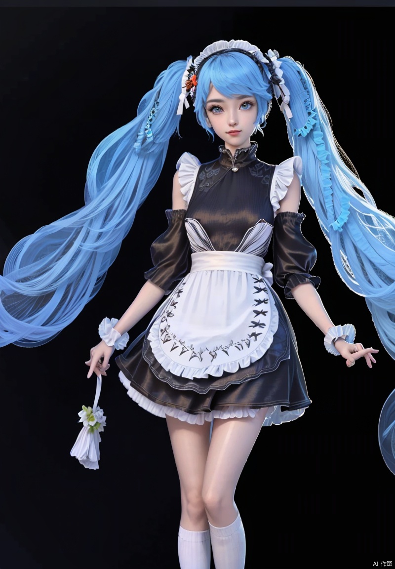 1girl, solo, long hair, blue eyes, simple background, twintails, very long hair, blue hair, detached sleeves, socks, kneehighs, black background, hatsune miku,Maid attire,Maid hair accessories,