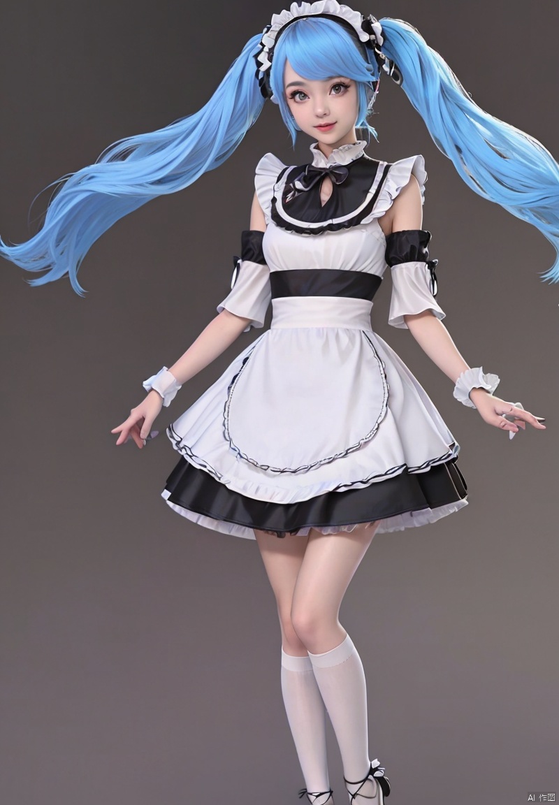 1girl, solo, long hair, blue eyes, simple background, twintails, very long hair, blue hair, detached sleeves, socks, kneehighs, black background, hatsune miku,Maid attire,Maid hair accessories,