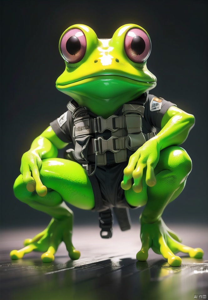 qingwaw\(ip\), Big eyes, Tactical vest, frogman, Frog, frog, no humans, solo, squatting, belt, artist name
