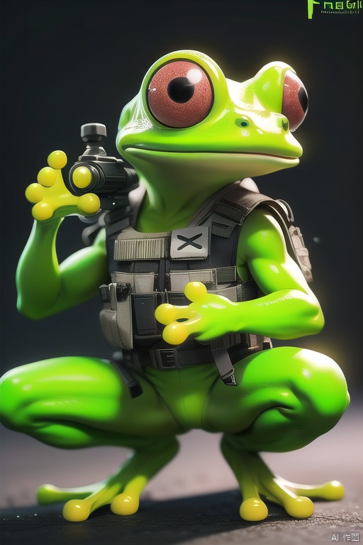 qingwaw\(ip\), Big eyes, Tactical vest, frogman, Frog, frog, no humans, solo, squatting, belt, artist name
